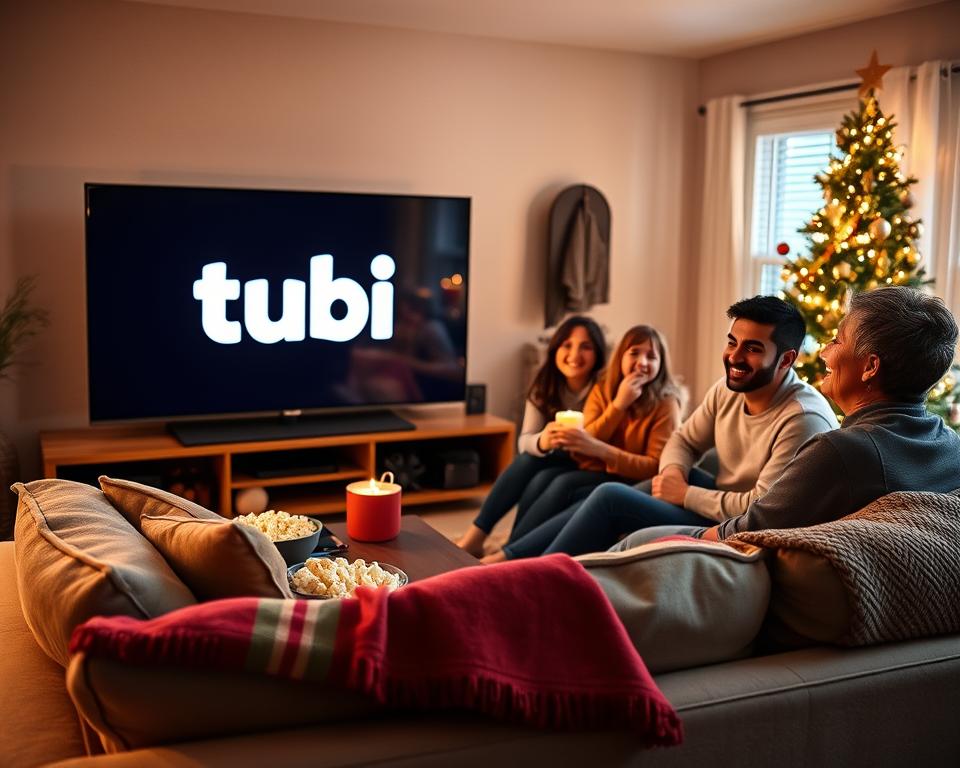 A cozy, inviting scene depicting a Tubi TV logo prominently displayed on a large, flat-screen television in a warm, softly lit living room. In the foreground, a comfortable sofa with plush cushions, adorned with festive throw blankets, creates a relaxed atmosphere. On the coffee table, a bowl of popcorn and a few holiday-themed decorations are visible. In the middle ground, a family of four, dressed in modest casual clothing, are joyfully watching a Christmas movie, their expressions embodying excitement and happiness. The background features a decorated Christmas tree with twinkling lights and ornaments, enhancing the festive mood. The ambiance is warm and inviting, with gentle lighting that creates an intimate, family-friendly setting, perfect for enjoying free holiday movies on Tubi TV.