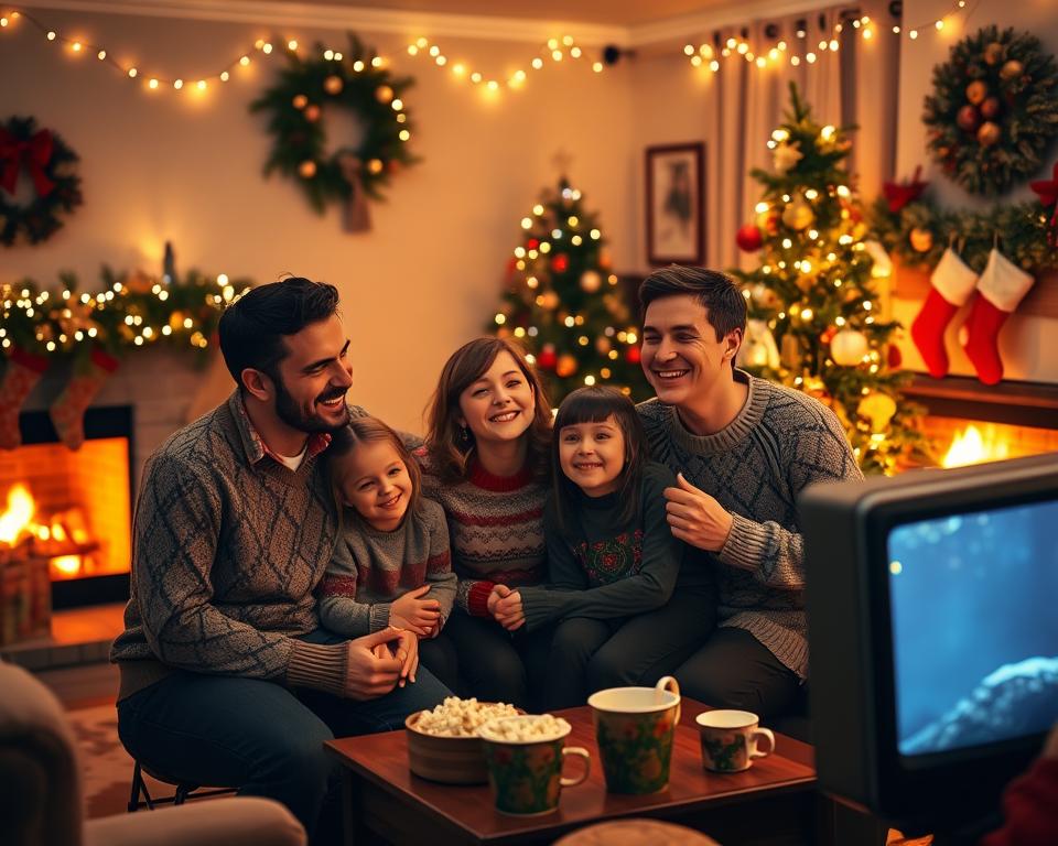 A cozy living room adorned for Christmas, featuring a warm fireplace flickering gently in the background. In the foreground, a family of four—two parents and two children, dressed in modest, festive sweaters—are gathered around a vintage television. They are sharing joyful smiles and laughter, with popcorn and hot cocoa on a table beside them. The room is decorated with twinkling fairy lights, a beautifully adorned Christmas tree, and stockings hung with care. Soft, golden lighting creates a nostalgic and inviting atmosphere, evoking the spirit of togetherness and tradition associated with holiday movie watching. The angle captures the family’s expressions, highlighting their connection and warmth during this special time.