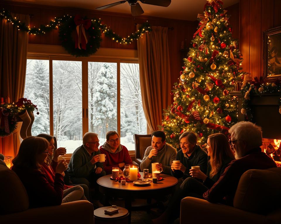 A cozy living room filled with festive decor, a crackling fireplace, and a large Christmas tree adorned with twinkling lights. In the foreground, a group of people gathered around, sipping hot cocoa and sharing laughter. The warm glow of the fireplace casts a soft, inviting light, creating a sense of comfort and togetherness. In the background, snow-covered trees can be seen through the window, completing the quintessential winter scene. The overall mood is one of holiday cheer and nostalgia, perfectly capturing the spirit of classic Christmas movies.