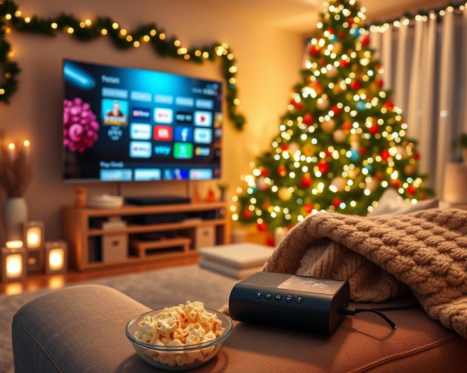 A cozy living room scene illuminated by warm, soft lighting, featuring a large, inviting Christmas tree adorned with colorful ornaments in the background. In the foreground, a modern streaming device with various icons of popular streaming platforms visible on a sleek television screen, reflecting a festive holiday ambiance. A plush sofa draped with a knitted throw and a bowl of popcorn nearby, suggesting a comfortable movie-watching experience. The atmosphere is cheerful and cozy, evoking holiday spirit, with subtle garlands and twinkling fairy lights enhancing the festive mood. The scene is captured from a slightly elevated angle, showcasing the inviting details and warm colors of the room.