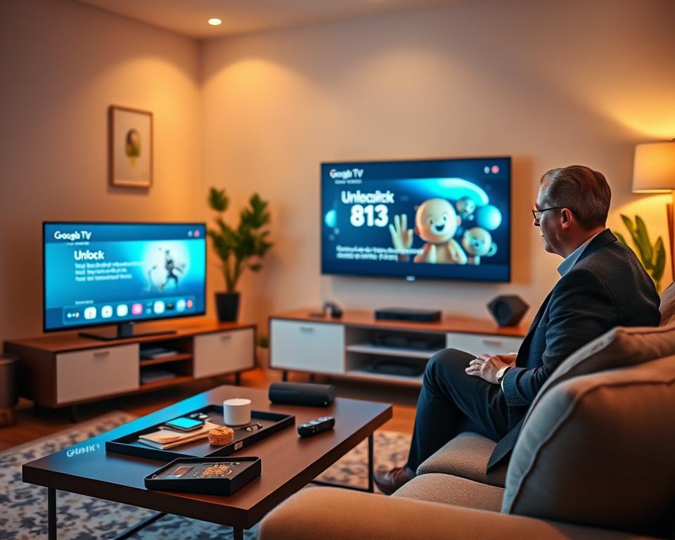 A cozy living room setup featuring a sleek Google TV on a modern entertainment center, displaying a visually captivating tutorial interface for unlocking 813 channels. In the foreground, a well-dressed individual, perhaps in professional business attire, is seated on a comfortable sofa, attentively watching the screen. The middle ground should highlight a stylish coffee table with a few tech gadgets and snacks, creating a relaxed atmosphere. In the background, warm ambient lighting softly illuminates the room, with a few decorative elements like plants and bookshelves adding to the homey feel. The angle is slightly angled, providing a dynamic view of the scene, evoking a sense of engagement and curiosity about the tutorial's content.