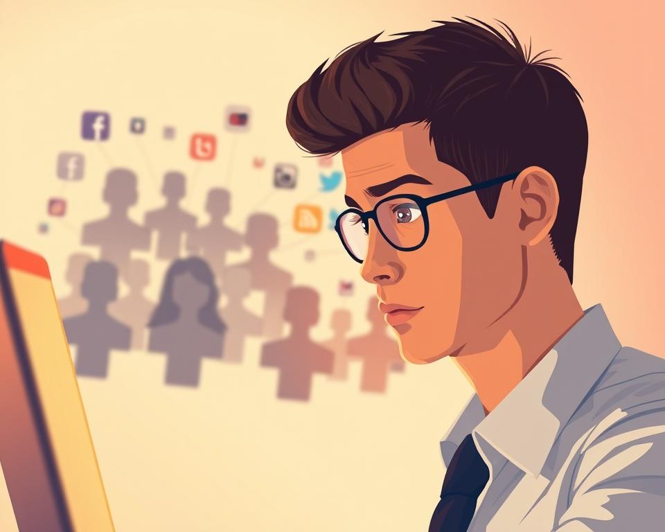 A digital illustration depicting the concept of social media profile viewing. In the foreground, a professional-looking individual, dressed in smart casual attire, gazes thoughtfully at a laptop screen. The screen displays social media icons and vague silhouettes to represent viewers without identifying features. In the middle ground, an abstract representation of various social media networks is visible, hinting at interconnected profiles. The background features a soft gradient of colors, enhancing the tech-savvy atmosphere. Bright, warm lighting highlights the individual's face, giving the scene a curious and contemplative mood. The perspective is slightly tilted, evoking a feeling of intrigue and engagement with the subject matter. The overall composition invites the viewer to reflect on the importance of knowing who is viewing their online presence.