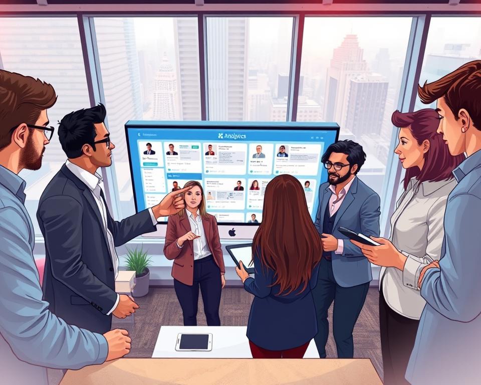 A digital illustration of a diverse group of people gathered around a large screen displaying social media profiles, conveying curiosity and engagement. In the foreground, a male and female professional in business attire point at the screen while others take notes on digital tablets, showcasing an analytical discussion. The middle ground features a sleek office environment with modern furniture, soft diffuse lighting creating a warm atmosphere. In the background, large windows reveal a bustling cityscape, suggesting the intersection of technology and daily life. Subtle reflections on the screen hint at data analytics, enhancing the mood of exploration and understanding. The angle is slightly above eye level to capture the group’s expressions of intrigue and focus.