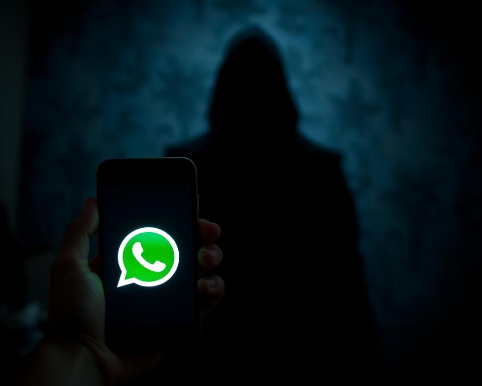 A dimly lit, ominous scene depicting the potential risks of WhatsApp for children. In the foreground, a young child's hand holding a smartphone, the WhatsApp logo glowing ominously. The middle ground is shrouded in shadows, hinting at the unseen dangers lurking within the app. In the background, a blurred, sinister figure looms, symbolizing the predators and harmful content that can threaten children's safety online. The lighting is dramatic, creating a sense of unease and foreboding. The overall atmosphere is one of caution and concern, emphasizing the need for parental monitoring and control when it comes to children's use of WhatsApp.