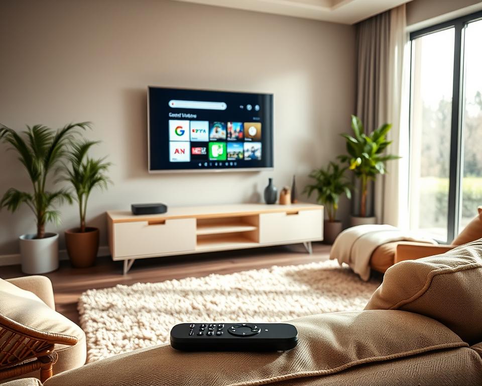 A modern living room featuring a sleek Google TV prominently displayed on a stylish wall unit. In the foreground, a remote control rests on a cozy sofa, symbolizing easy access to content. The middle ground includes an inviting, plush area rug and decorative plants, enhancing the comfort of the space. The background shows a large window with soft natural light filtering in, creating a warm atmosphere. The mood is relaxed and family-friendly, emphasizing entertainment and accessibility. The scene is captured in a wide shot, showcasing the entire room while maintaining a focus on the Google TV. The lighting is soft and bright, contributing to a welcoming environment.