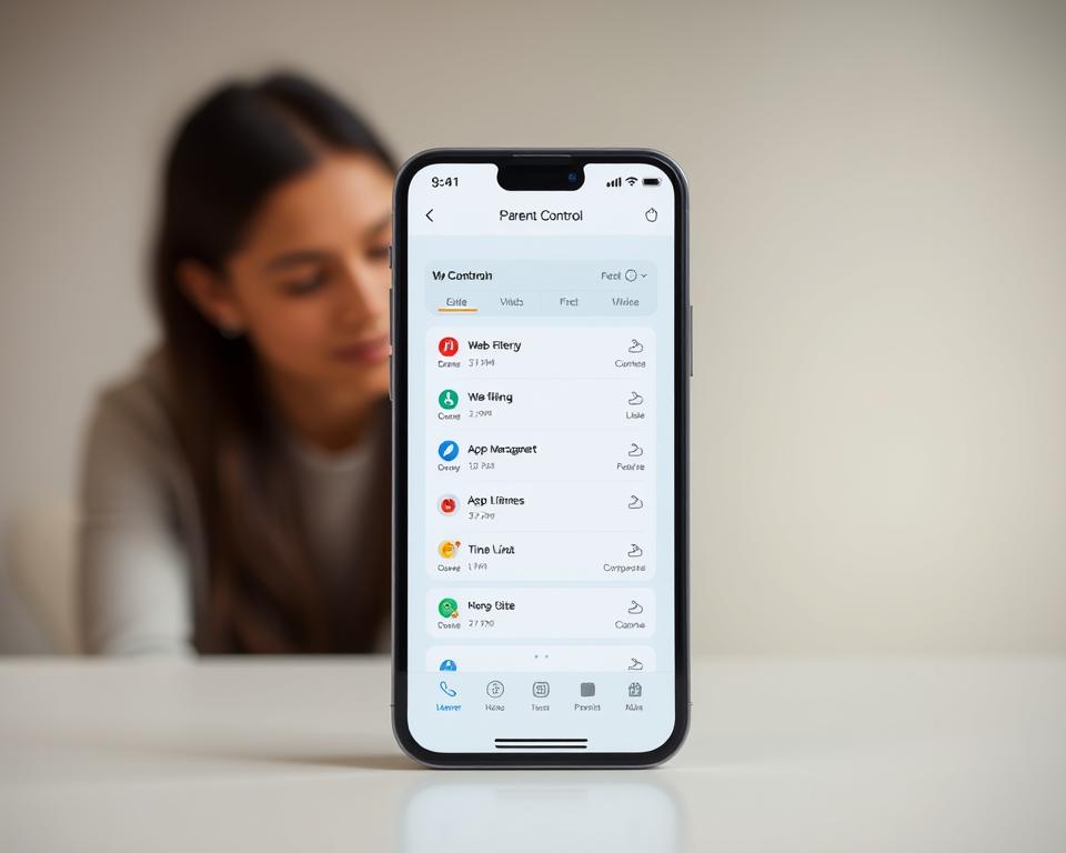 A sleek and intuitive parental control app interface with a focus on customization and user-friendly design. The foreground features a smartphone displaying the app's main screen, showcasing a range of parental control features such as web filtering, app management, and time limits. The middle ground depicts various icons and controls, hinting at the app's comprehensive capabilities. The background offers a subtle, minimalist design with soft gradients and clean lines, creating a calming and professional atmosphere. Lighting is soft and even, emphasizing the app's modern and approachable aesthetic. The overall scene conveys a sense of control, security, and the seamless integration of technology into family life.