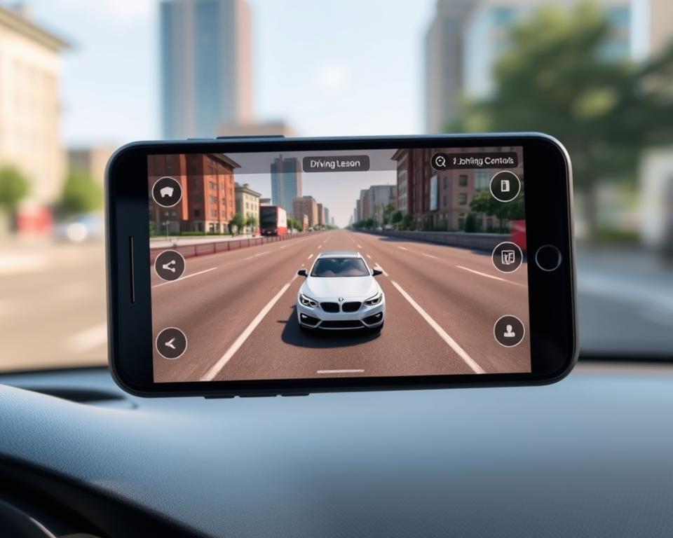A smartphone screen displaying a virtual driving lesson interface, with a 3D car model and a city landscape in the background. The car is positioned in the middle of the frame, with a clear view of the road and surrounding buildings. The scene is illuminated by natural daylight, creating a warm and inviting atmosphere. The interface features intuitive controls, allowing the user to navigate the virtual driving simulation with ease. The overall composition conveys the convenience and accessibility of mobile-based driving lessons, perfectly aligning with the article's subject and section title.