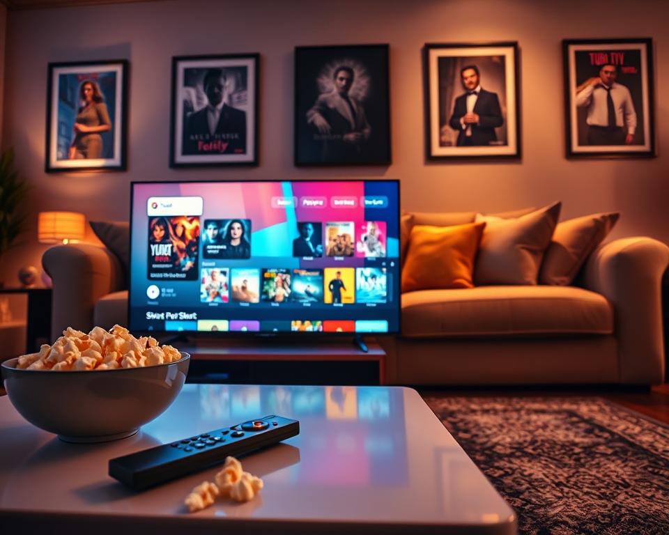 A vibrant living room scene featuring a Google TV prominently displaying the Tubi TV interface on the screen. The foreground includes a sleek, modern coffee table with a bowl of popcorn and a remote control, suggesting a relaxed viewing atmosphere. In the middle ground, the Google TV is shown with its colorful and engaging Tubi TV app interface visible, showcasing various movie thumbnails for instant access. The background features a cozy, inviting couch embellished with soft cushions and framed movie posters on the walls, creating a cinematic feel. The overall lighting is warm and inviting, with soft ambient light illuminating the room, evoking a sense of comfort and enjoyment. The angle captures the entire living room setup, emphasizing the modernity of the technology and the casual viewing experience.