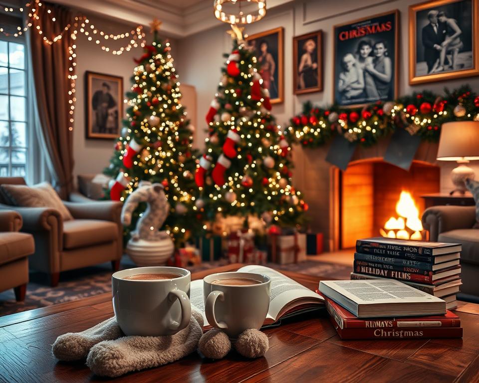 An elegant Christmas morning scene, with a living room decorated with twinkling lights, a warm fireplace, and a beautifully adorned Christmas tree in the center. Plush red and green stockings hang from the mantle, casting a soft, cozy glow. In the foreground, a cup of hot cocoa steams on a wooden coffee table, surrounded by an open book, a pair of cozy slippers, and a stack of classic holiday films. The walls are adorned with framed family photos and vintage movie posters, creating a nostalgic, timeless atmosphere. The overall mood is one of comfort, tradition, and the magic of the Christmas season.