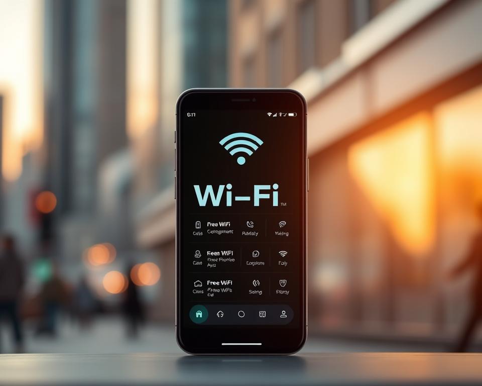 An elegant and modern mobile application interface, showcasing a free Wi-Fi connectivity tool. The foreground features a sleek smartphone display with a minimalist design, displaying the app's key features and functionalities. The background is a soft, blurred cityscape, hinting at the versatility of the app in various urban settings. Warm, natural lighting casts a subtle glow, creating a welcoming and intuitive user experience. The overall composition conveys a sense of simplicity, accessibility, and the power of free, on-the-go Wi-Fi connectivity.
