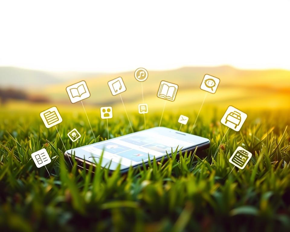 Serene outdoor scene with a smartphone lying on the grass, surrounded by various icons and symbols representing free online resources such as books, tutorials, and educational materials. The phone's screen displays a driving-related app interface, casting a soft glow across the foreground. In the background, a lush green landscape with rolling hills and a bright, cloudless sky. Warm, natural lighting casts a gentle, inviting atmosphere, conveying the idea of free, accessible knowledge and learning opportunities.