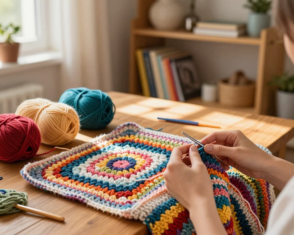 A cozy indoor scene representing crochet, featuring a wooden table adorned with vibrant skeins of yarn in various colors. In the foreground, a pair of hands skillfully crocheting a colorful blanket, using a shiny crochet hook. In the middle, a partially completed crochet project, showcasing intricate patterns and stitches. The background includes a softly lit shelf filled with crochet books and decorative home items, creating a warm and inviting atmosphere. Soft afternoon sunlight filters through a nearby window, casting gentle shadows and highlighting the textures of yarn and fabric. The mood should evoke creativity, comfort, and the joy of crafting.