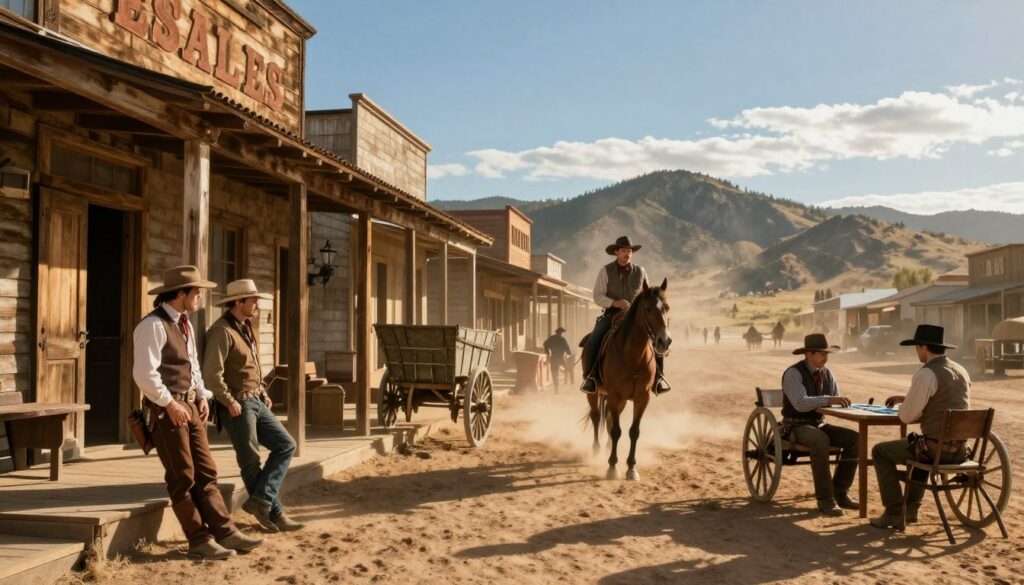 A classic western scene showcasing a dusty main street in an old frontier town. In the foreground, a wooden saloon with swinging doors, an antique wagon parked nearby, and a few cowboys dressed in period-appropriate attire—hats, vests, and boots—leaning against the building. In the middle ground, a cowboy on a horse, gazing determinedly down the street, while another cowboy plays poker at a table outside the saloon. The background features a rugged mountainous landscape under a bright blue sky, with hints of setting sun casting warm golden light and long shadows. The atmosphere is tense yet adventurous, capturing the essence of the western genre perfectly.