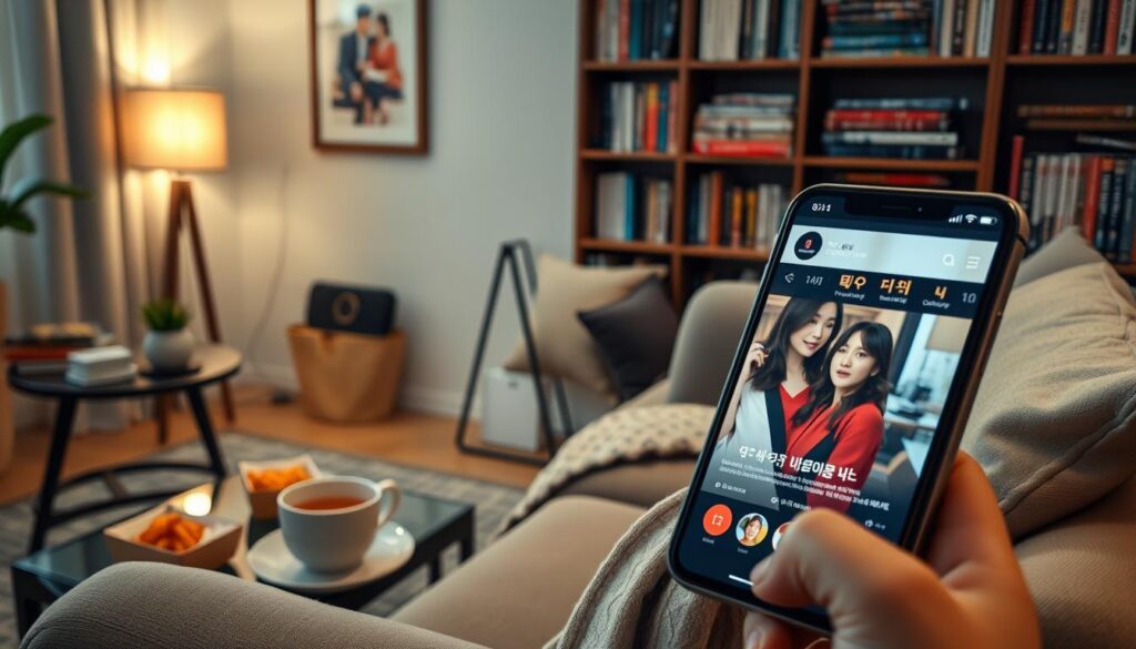 A cozy and inviting living room scene, featuring a modern smartphone displaying a popular Korean drama on the screen. In the foreground, a stylish, comfortable couch with plush cushions and a decorative throw blanket. To the left, a small coffee table adorned with a steaming cup of tea and some snacks typical of Korean culture, such as kimbap and tteokbokki. In the middle ground, a warm, soft glow from a nearby lamp casts gentle light, enhancing the cozy atmosphere. The background features a well-organized bookshelf filled with Korean novels and drama DVDs, suggesting a love for the genre. The overall mood is relaxed and inviting, perfect for immersing oneself in the world of Korean dramas. A cozy and inviting living room scene, featuring a modern smartphone displaying a popular Korean drama on the screen. In the foreground, a stylish, comfortable couch with plush cushions and a decorative throw blanket. To the left, a small coffee table adorned with a steaming cup of tea and some snacks typical of Korean culture, such as kimbap and tteokbokki. In the middle ground, a warm, soft glow from a nearby lamp casts gentle light, enhancing the cozy atmosphere. The background features a well-organized bookshelf filled with Korean novels and drama DVDs, suggesting a love for the genre. The overall mood is relaxed and inviting, perfect for immersing oneself in the world of Korean dramas.