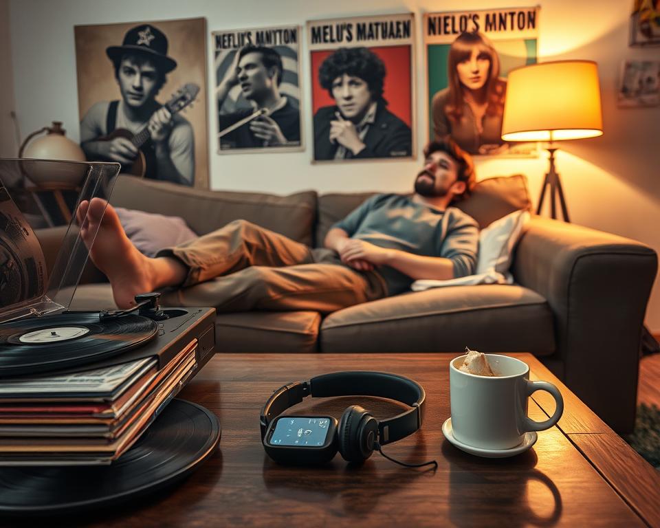 A cozy living room scene, where an individual is relaxed on a comfortable sofa, wearing casual but tidy clothing, deeply immersed in listening to music offline. The foreground features a vintage record player beside a stack of classic vinyl records, exuding nostalgia. In the middle, a soft, warm light from a nearby lamp illuminates the space, casting gentle shadows. On a coffee table, there are headphones, a smartphone showing an app interface, and a steaming cup of coffee. In the background, vintage posters of famous musicians create an inviting and retro atmosphere. The overall mood is serene and nostalgic, evoking the joy of enjoying old music in a tranquil environment.