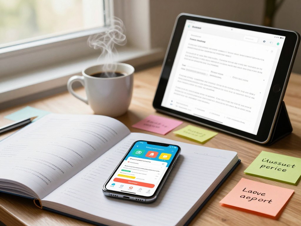 A cozy workspace featuring various language learning tools designed for mobile apps. In the foreground, there are a smartphone displaying a colorful language learning app interface, surrounded by notebooks filled with notes and vocabulary lists. In the middle, a steaming cup of coffee sits alongside a tablet showcasing language practice exercises, while colorful sticky notes with phrases in different languages are scattered on the desk. The background features a sunlit window with soft, natural light pouring in, creating a warm and inviting atmosphere. The scene has a motivational vibe, suggesting productivity and enthusiasm for learning new languages. The angle is slightly tilted to capture the depth of the workspace while keeping all elements in focus.