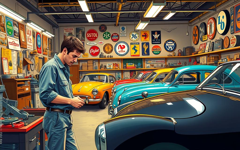 A detailed illustration of an automotive workshop scene focused on the Lata Velha car restoration competition for 2026. In the foreground, a professional mechanic in modest casual clothing is examining a classic car, surrounded by tools and spare parts. The middle ground features a vibrant display of various vintage cars under bright workshop lights, gleaming with polished surfaces. The background includes shelves filled with automotive memorabilia, posters, and vintage signs, creating a nostalgic atmosphere. The lighting is warm and inviting, capturing the excitement and enthusiasm of car restoration. The angle is slightly elevated, providing a comprehensive view of the workshop. The overall mood is motivating and energetic, embodying the spirit of community and craftsmanship associated with Lata Velha. A detailed illustration of an automotive workshop scene focused on the Lata Velha car restoration competition for 2026. In the foreground, a professional mechanic in modest casual clothing is examining a classic car, surrounded by tools and spare parts. The middle ground features a vibrant display of various vintage cars under bright workshop lights, gleaming with polished surfaces. The background includes shelves filled with automotive memorabilia, posters, and vintage signs, creating a nostalgic atmosphere. The lighting is warm and inviting, capturing the excitement and enthusiasm of car restoration. The angle is slightly elevated, providing a comprehensive view of the workshop. The overall mood is motivating and energetic, embodying the spirit of community and craftsmanship associated with Lata Velha.
