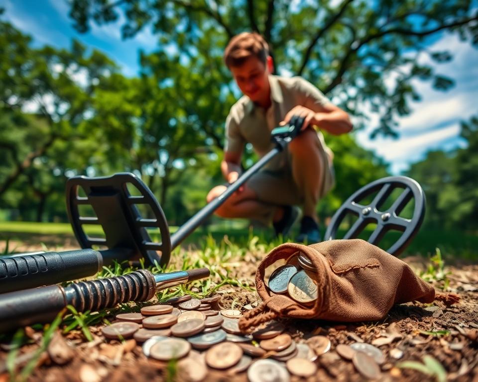 A detailed outdoor scene featuring various tools and equipment used for coin searching, set in a lush green park. In the foreground, a metal detector lies on the ground next to a digging tool and a small pouch filled with found coins, glistening under bright sunlight. The middle ground showcases a casually dressed individual, focused and kneeling as they sweep the metal detector over the soil, wearing gloves for protection. In the background, trees provide a natural canopy, and the blue sky peeks through wispy clouds, creating a tranquil atmosphere. The lighting is warm and inviting, enhancing the sense of adventure and discovery while maintaining a professional and earnest mood throughout the image.