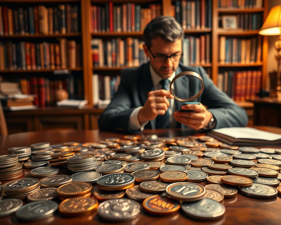 A detailed view of a warm, inviting numismatic collection display. In the foreground, showcase an elegant wooden table scattered with vibrant, rare coins from different historical periods. Glinting silver and gold coins catch the soft, warm lighting, highlighting their intricate designs. In the middle ground, feature a focused collector in professional attire, examining a coin with a magnifying glass, embodying curiosity and passion for numismatics. In the background, a softly blurred bookshelf filled with numismatic books and reference materials, evoking a sense of knowledge and history. The overall atmosphere should be one of appreciation and education, with gentle lighting enhancing the beauty of the coins and the dedicated collector’s engagement.
