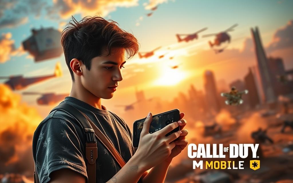 A dynamic scene capturing the excitement of a player taking their first steps into Call of Duty Mobile. In the foreground, a young adult in casual clothing is immersed in gameplay on a smartphone, displaying intense focus and determination. The middle ground shows a vibrant, digital battlefield filled with action, with iconic military vehicles and soldiers in tactical gear engaging in combat, showcasing the game's immersive graphics. The background features a dramatic sunset over a virtual cityscape, casting warm hues across the scene, enhancing the adrenaline-fueled atmosphere. The image is illuminated with high-contrast lighting to emphasize key details, shot from a slightly elevated angle to provide depth and perspective. This composition evokes a sense of adventure and the thrill of mobile gaming.