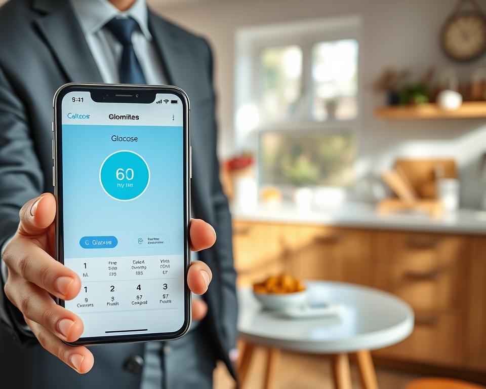 A high-resolution image depicting a close-up of a smartphone displaying a glucose monitoring app interface. In the foreground, the phone is held in the hands of a professional-looking individual dressed in smart casual attire, illustrating a user-friendly experience. In the middle ground, a small table is visible with a glucometer and healthy snack choices like fruits or nuts, highlighting the importance of dietary choices in blood sugar control. The background features a well-lit, modern kitchen environment, emphasizing a healthy lifestyle. Soft, natural lighting filters through a nearby window, casting gentle shadows and creating a warm atmosphere. The overall mood is informative, encouraging, and empowering, symbolizing the significance of glucose control in daily life.
