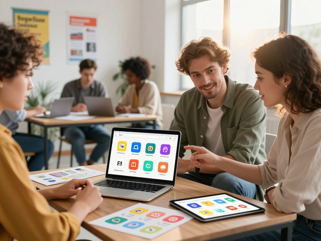 A modern digital workspace featuring a diverse group of people engaged in selecting language learning apps. In the foreground, show two individuals, one male and one female, both in casual professional attire, intently discussing on a laptop with various app icons displayed on the screen. In the middle, include a coffee table with colorful printouts and tablets showcasing different language app interfaces. In the background, depict a bright, inviting office space with motivational posters related to language learning and a window letting in warm sunlight. The atmosphere should feel collaborative and energetic, reflecting the excitement of discovering the best free language learning apps. Use soft, natural lighting to create an inviting mood.