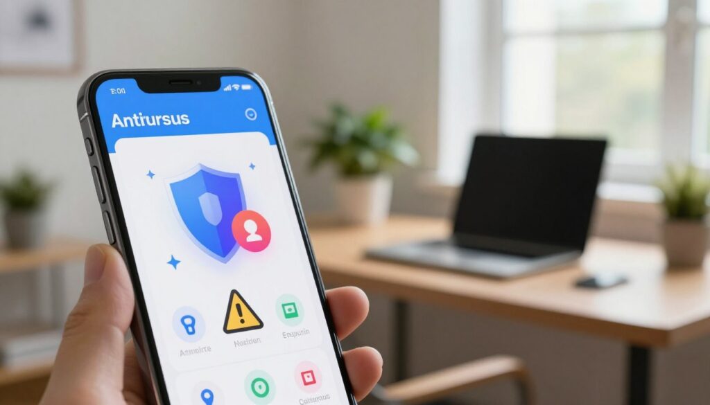 A modern smartphone displaying an antivirus app interface, prominently shown in the foreground with a sleek design and vibrant colors. The phone's screen features graphics of shields, detection icons, and a malware warning symbol, indicating security and protection. In the middle ground, a blurred background reveals a cozy home office setup with a desk, laptop, and a potted plant, suggesting a safe digital environment. Soft, natural lighting streams in from a nearby window, creating a warm and inviting atmosphere. The angle is slightly tilted to capture the phone’s details while maintaining the context of a tech-savvy lifestyle. The mood is reassuring and empowering, emphasizing the importance of mobile security against threats.