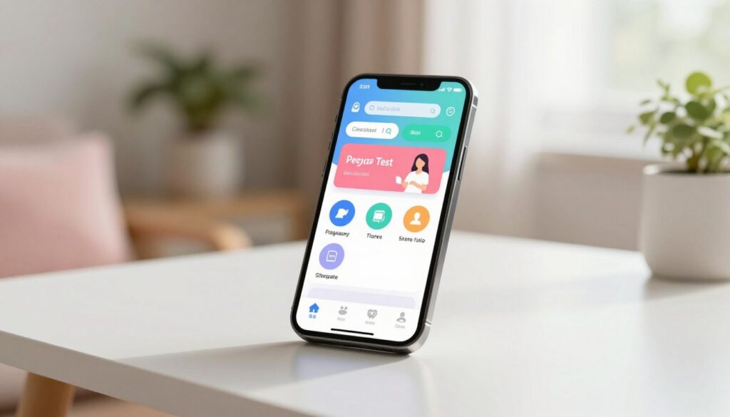 A modern smartphone displaying an intuitive pregnancy test application interface, featuring user-friendly icons and vibrant colors, placed on a clean, white desk. In the foreground, a soft focus on the phone, while in the middle ground, a subtle representation of a peaceful home environment with a hint of soft pastel décor. The background includes a warm, well-lit room with a potted plant and gentle natural light streaming through a window, creating an inviting atmosphere. The scene conveys a sense of comfort and support, suitable for someone exploring pregnancy options. The image should be bright, with a balanced composition, emphasizing the app's accessibility.