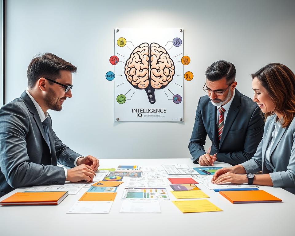 A modern, stylized image of a vibrant, brain-themed intelligence test setup. In the foreground, a diverse group of three individuals in business attire—two men and one woman—are intently engaging with various colorful, cognitive test materials spread out on a sleek table. In the middle ground, a large poster of a brain illustrating different cognitive functions hangs on the wall, with playfully designed icons representing various intelligence aspects around it. The background features soft, natural lighting from a large window, creating an inviting atmosphere for learning and exploration. The mood is motivational and focused, capturing the essence of discovering one’s IQ through fun and interactive testing methods.