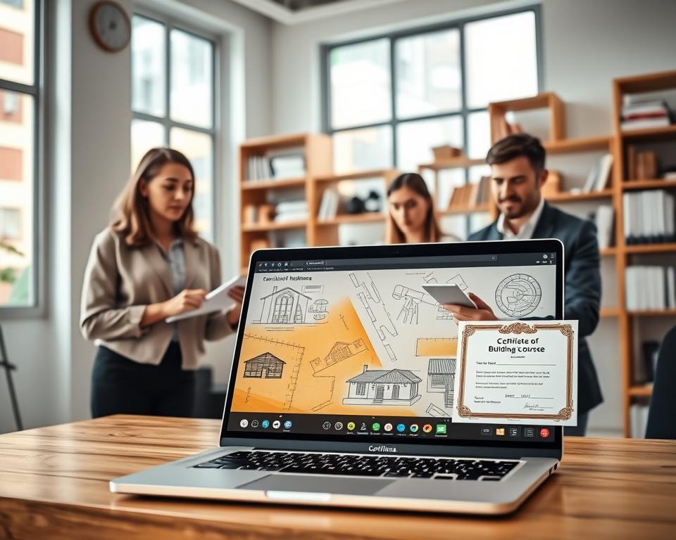 A professional online learning environment showcasing a free technical building course. In the foreground, a laptop displaying a vibrant course interface filled with architectural designs and blueprints, complemented by a certificate of completion prominently featured. In the middle, a diverse group of students - a young woman in a smart casual outfit and a man in business attire - engaged in a video call, taking notes, and collaborating on a project. The background features a bright study room with bookshelves filled with architecture texts and tools, illuminated by natural light streaming through a large window, enhancing the atmosphere of learning and accomplishment. The mood is focused and inspiring, highlighting the accessibility and professionalism of online education in building technology.