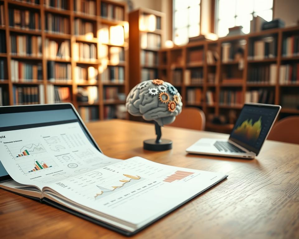 A professional setting featuring a well-lit office space with a focus on a large wooden desk in the foreground. On the desk, an open notebook filled with abstract intelligence test patterns and a sleek laptop displaying colorful graphs. In the middle ground, a thoughtfully designed brain model made of interconnected gears and circuits symbolizes cognitive function. The background is a soft-focus library filled with books on psychology and intelligence, giving a scholarly atmosphere. Warm, natural light streams in through a window, casting gentle shadows. The mood conveys curiosity and discovery, inspiring viewers to engage with the quiz. No human figures present.
