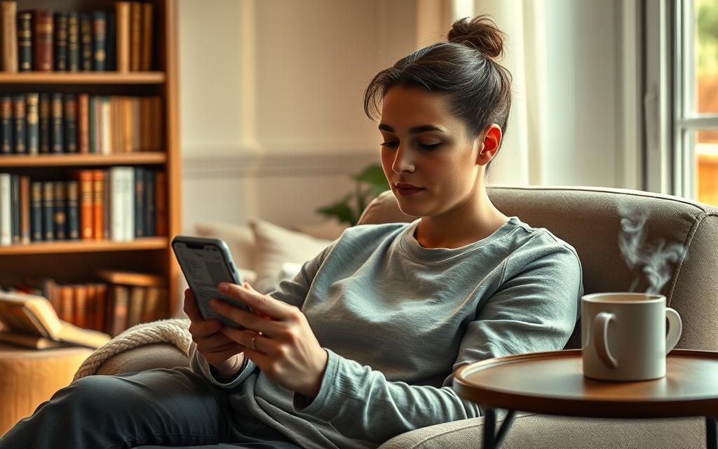 A serene and inviting close-up scene of a person sitting comfortably in a cozy living room, attentively listening to the Bible on their smartphone. The individual, dressed in modest casual clothing, exudes a sense of peace and focus. The smartphone screen subtly displays an open Bible app interface, with verse highlights visible. Soft, warm lighting filters through a nearby window, illuminating the room with a comforting glow. In the background, a bookshelf filled with various editions of the Bible and religious literature adds context and depth to the atmosphere. A plush armchair, a gentle throw blanket, and a steaming cup of tea on a side table enhance the inviting mood, promoting a sense of relaxation and contemplation.