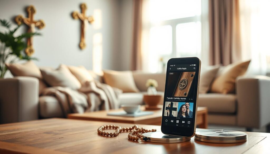 A serene and inviting living room setting, featuring a modern smartphone displaying popular Catholic music apps on its screen. In the foreground, a cozy couch with soft, warm blankets and a beautifully designed cross on the wall, symbolizing faith. The middle ground includes a wooden coffee table adorned with a rosary and a few music CDs featuring well-known Catholic artists. In the background, a softly glowing window allows natural light to flood the room, creating a peaceful atmosphere enhanced by gentle, warm colors. The overall mood conveys harmony and devotion, inviting viewers to explore the joy of listening to Catholic music through apps. The lighting should be soft and calming, reminiscent of a tranquil afternoon.