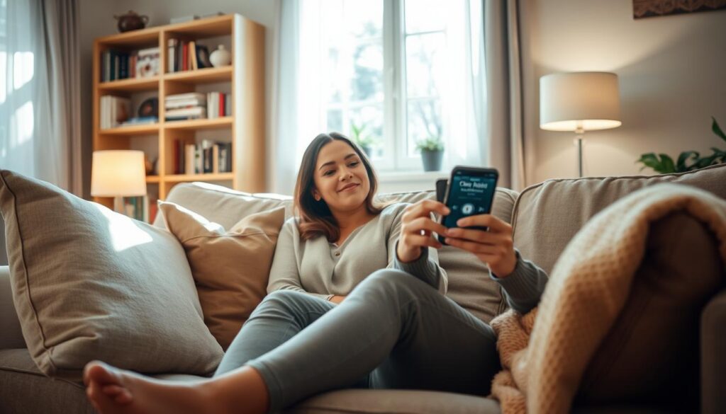 A serene and inviting living room setting, with a person sitting comfortably on a couch, using a smartphone to stream Christian music. The foreground features a cozy atmosphere with soft pillows and a warm throw blanket. In the middle, the individual, dressed in casual yet modest clothing, displays a look of contentment as they engage with the device. The background reveals a bookshelf filled with inspiring books and a soft glow from a nearby lamp creating a peaceful ambiance. Gentle rays of natural light filter in through a window, enhancing the comforting mood. Overall, the scene conveys a sense of ease and connection through music, with an emphasis on spiritual enrichment in a personal space.