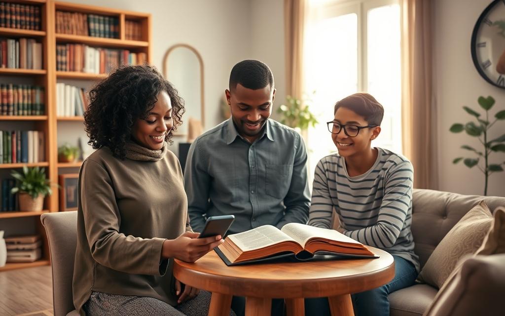 A serene and inviting scene showcasing the benefits of listening to the Bible on a mobile device. In the foreground, a diverse group of three people, including a woman with curly hair in modest casual attire, a man in a smart shirt, and a young adult with glasses, are gathered around a small table, intently listening to a smartphone playing biblical audio. In the middle ground, soft sunlight filters through a window, creating a peaceful atmosphere, highlighting the warm, wooden table. The background features a cozy, well-organized living room with bookshelves filled with religious texts and plants adding a touch of nature. The overall mood is calm and insightful, inviting spirituality and connection. The lighting should be soft and natural, creating a sense of tranquility.