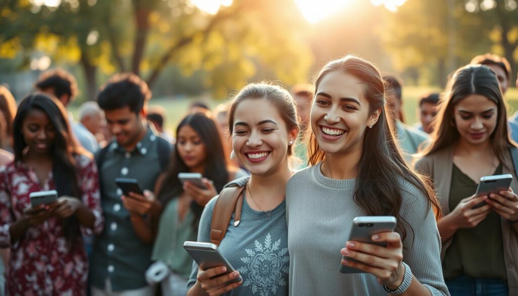 A serene scene depicting a diverse group of people joyfully listening to Christian music on their smartphones. In the foreground, a young woman in modest casual clothing smiles as she shares an earbud with a friend, both bathed in warm, natural light. The middle ground features individuals of varying ages and ethnicities, each engaged with their devices, some tapping along to the rhythm. In the background, a softly blurred landscape reveals an inviting park with trees and gentle sunlight filtering through leaves, creating a peaceful atmosphere. The overall mood is uplifting and connected, reflecting the theme of religious music streaming as a modern communal experience. Use a wide-angle perspective to capture this vibrant moment, emphasizing depth and emotion.