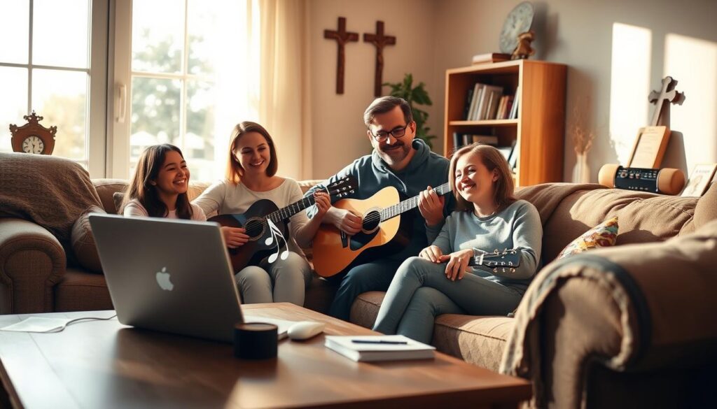 A serene scene of a cozy home interior, featuring a warm, softly lit living room. In the foreground, a family of four, dressed in modest, casual clothing, is gathered around a coffee table with a laptop open, listening to Catholic music. Their expressions reflect joy and togetherness. In the middle, a guitar rests against the couch, and a small speaker provides melodies, while musical notes gently float in the air, symbolizing the music being played. The background shows a window with gentle sunlight streaming in, illuminating religious symbols and a small bookshelf filled with devotional literature. The atmosphere is peaceful and inviting, conveying a sense of community and faith.