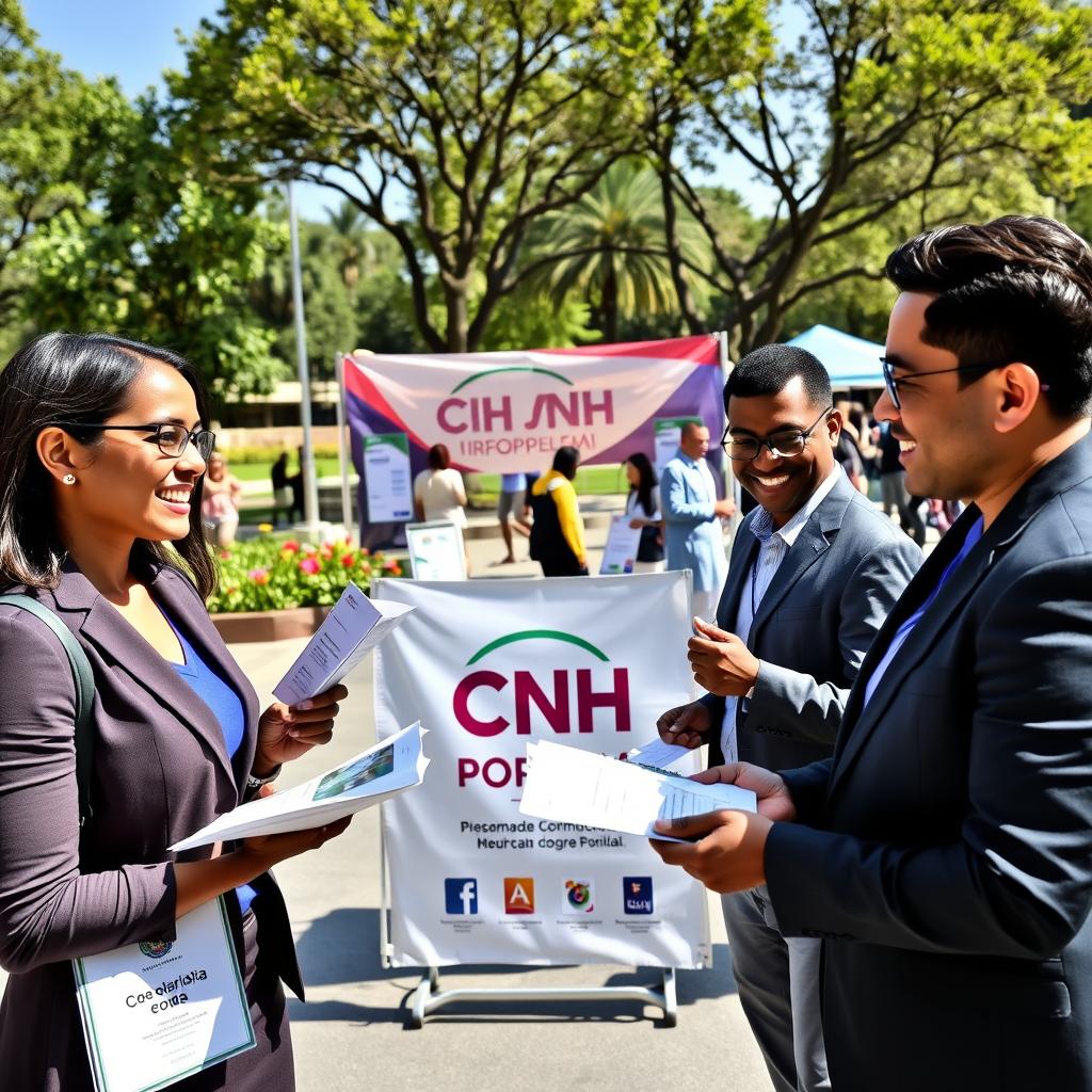 A vibrant and engaging scene showcasing the essence of the "Programa CNH Popular." In the foreground, a diverse group of three individuals, dressed in professional business attire, are smiling and exchanging ideas while holding documents related to the program. In the middle, a large banner displaying the program's logo and promotional materials is set up at an outdoor community event, with people gathering around. The background features a sunny day in a city park with trees and colorful flowers, and a few informational booths about the program. The lighting is bright and inviting, casting soft shadows, creating an atmosphere of optimism and community engagement. The angle is slightly elevated, capturing the excitement and collaboration among participants in this social initiative.