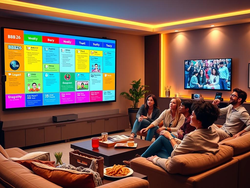 A vibrant and well-organized weekly schedule for "BBB26" displayed on a large digital screen, showcasing colorful segments of the programming with attention-grabbing icons and graphics. In the foreground, a modern living room set up for viewers to engage with the show, featuring comfortable furniture, snacks, and a large TV screen tuned to a live broadcast. The middle ground reveals excited viewers dressed in casual yet stylish clothing, focused on the screen, with expressions of anticipation. In the background, soft lighting illuminates the room, enhancing a cozy, inviting atmosphere. The scene conveys a sense of community and excitement around the show, with a warm color palette and dynamic composition that captures the essence of live entertainment.