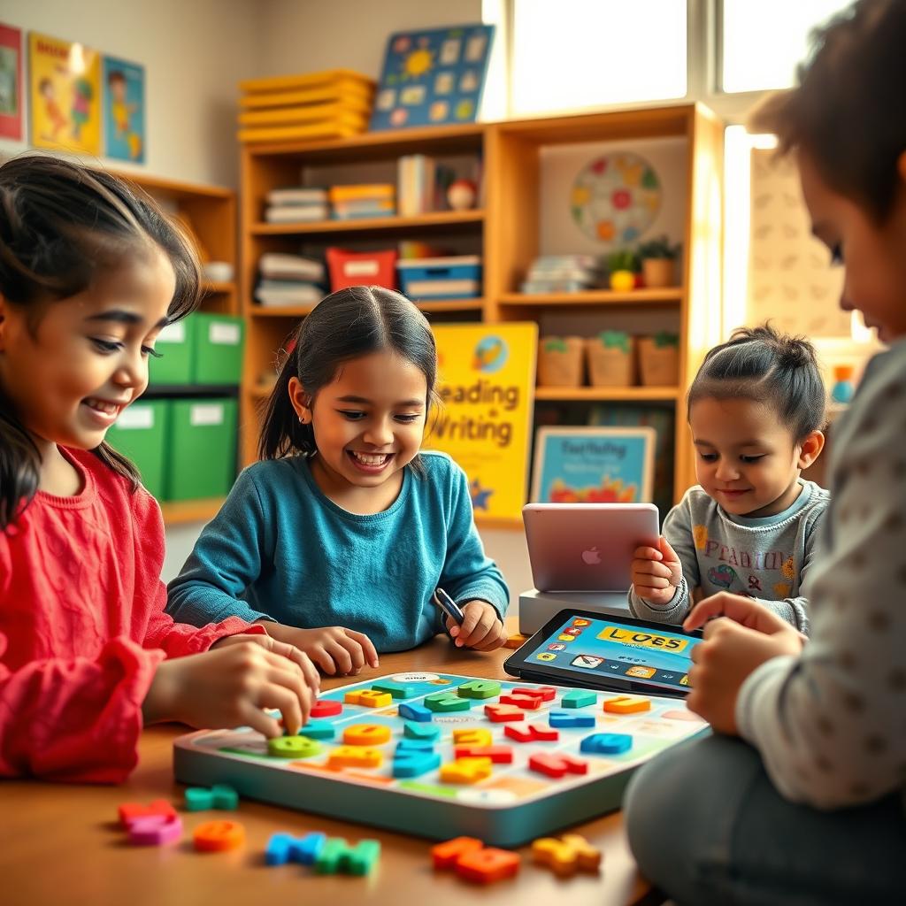 A vibrant classroom scene featuring children of diverse backgrounds engaging with colorful educational games. In the foreground, a group of three children, dressed in cheerful, modest casual clothing, enthusiastically plays a board game that emphasizes letters and words. The middle ground showcases another child using a digital tablet to interact with an educational app, while a bright, colorful poster about reading and writing hangs on the wall. The background reveals shelves filled with various learning materials like books and puzzles, bathed in warm, inviting sunlight streaming through the windows. The scene is lively and energetic, capturing the joy of learning through play, emphasizing fun and collaboration in a safe, educational environment.