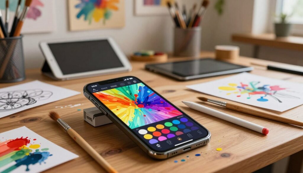 A vibrant digital art scene showcasing the best painting apps for mobile devices. In the foreground, a smartphone is displayed with a colorful painting interface open, featuring various brushes and color palettes. Around the phone, artistic tools like paintbrushes, styluses, and vibrant splashes of color create a dynamic flow. The middle ground includes a cozy workspace with a wooden table scattered with sketches and digital tablets, hinting at creativity. The background features a softly lit room filled with art supplies and framed artworks, enhancing the artistic atmosphere. Use warm, inviting lighting to create a creative and inspirational mood, as if an artist is ready to express their imagination. Capture this scene from a slightly elevated angle for depth and perspective.