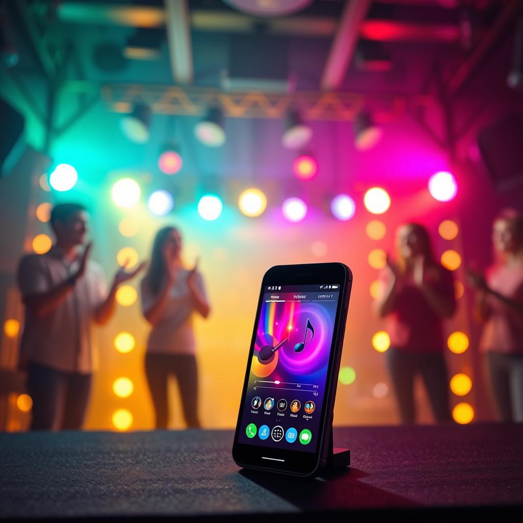 A vibrant, dynamic scene where a smartphone is transformed into a stage for karaoke performance. In the foreground, the smartphone is upright, displaying colorful visuals of musical notes and a lively karaoke interface. In the middle background, glowing stage lights in various colors illuminate the setting, creating an energetic atmosphere. A subtle spotlight focuses on the phone, emphasizing its role as the main performer. Silhouetted figures of friends in modest casual clothing can be seen in the background, clapping and enjoying the atmosphere. The overall mood is fun and celebratory, with a warm, inviting glow that suggests togetherness and joy. Soft bokeh effects enhance the background, creating depth and a sense of excitement. The angle is slightly tilted upwards to elevate the smartphone, making it appear grand and central to the scene.