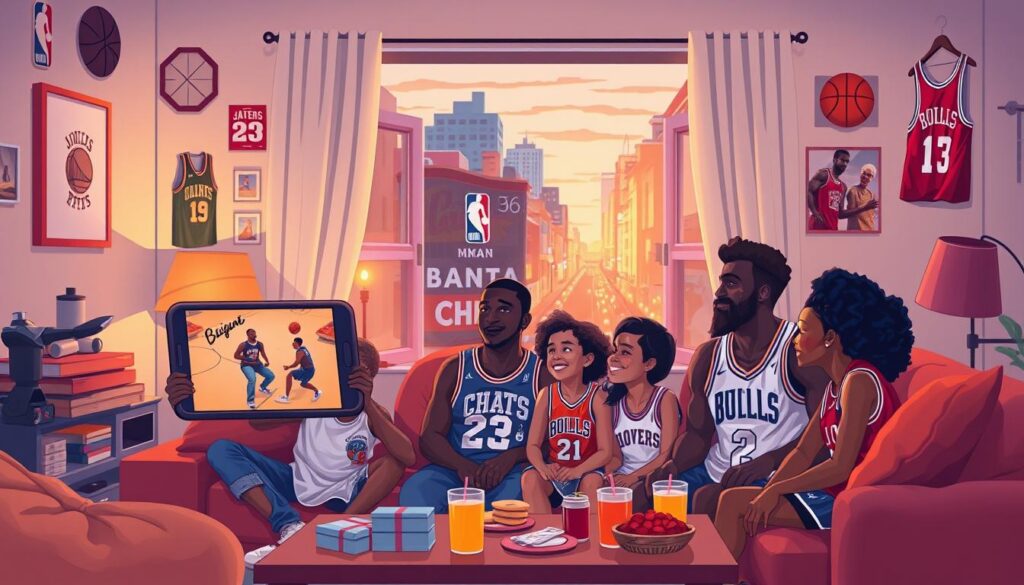 A vibrant illustration of the NBA culture, showcasing a diverse group of basketball fans gathered in a cozy living room setting. In the foreground, a family of four, dressed in NBA jerseys, watches a game on a large smartphone screen, their faces filled with excitement. The middle layer features decorative elements like basketball memorabilia, jerseys hung on the walls, and a coffee table scattered with snacks and drinks. In the background, a window opens to a bustling city street, illuminated by the warm glow of sunset. Soft, ambient lighting adds warmth to the scene, creating a sense of community and anticipation. The mood is lively and engaging, embodying the spirit of sports culture and the joy of connecting through the NBA.