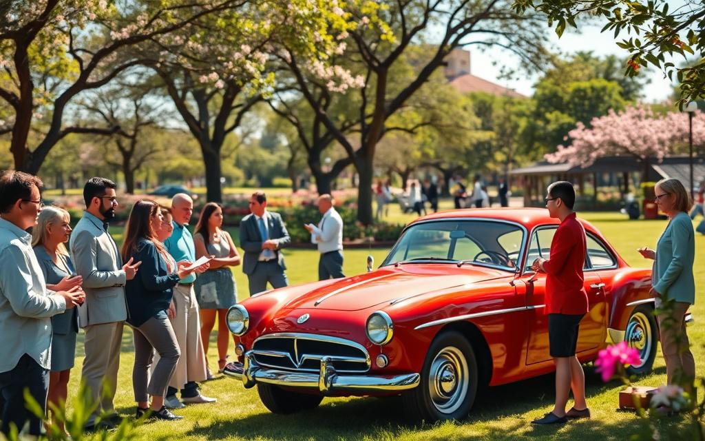 A vibrant outdoor setting showcasing the benefits of participating in Lata Velha 2026. In the foreground, a diverse group of individuals in professional attire is engaged in animated discussions, highlighting collaboration and teamwork. In the middle ground, a beautifully restored vintage car, representing transformation and rejuvenation, gleams under bright sunlight, symbolizing the essence of Lata Velha. The background features a lush green park with blooming flowers and trees, creating an inviting atmosphere. Use soft, warm lighting to enhance the inviting mood, shot with a wide-angle lens to capture the expansive scene. The overall composition conveys excitement and optimism about the opportunities and advantages of joining Lata Velha 2026. A vibrant outdoor setting showcasing the benefits of participating in Lata Velha 2026. In the foreground, a diverse group of individuals in professional attire is engaged in animated discussions, highlighting collaboration and teamwork. In the middle ground, a beautifully restored vintage car, representing transformation and rejuvenation, gleams under bright sunlight, symbolizing the essence of Lata Velha. The background features a lush green park with blooming flowers and trees, creating an inviting atmosphere. Use soft, warm lighting to enhance the inviting mood, shot with a wide-angle lens to capture the expansive scene. The overall composition conveys excitement and optimism about the opportunities and advantages of joining Lata Velha 2026.
