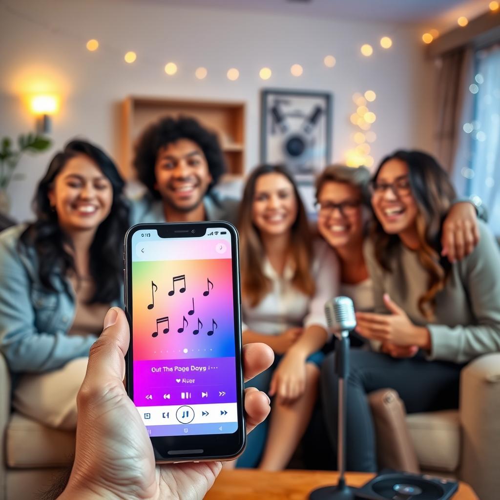 A vibrant smartphone displaying a karaoke app interface, showcasing colorful musical notes and a song selection screen, centered in the foreground. Surround the phone with cheerful users, a diverse group of friends, dressed in casual but neat clothing, smiling as they sing along. In the middle background, a cozy living room environment with warm lighting sets an inviting mood, accentuated by soft couches and a small karaoke microphone on a nearby table. In the far background, a subtle hint of a party atmosphere with twinkling fairy lights. The image should convey a sense of fun, connection, and enjoyment, with a focus on the joy of sharing music together. Use a shallow depth of field to emphasize the smartphone and group, while keeping the lighting warm and friendly.