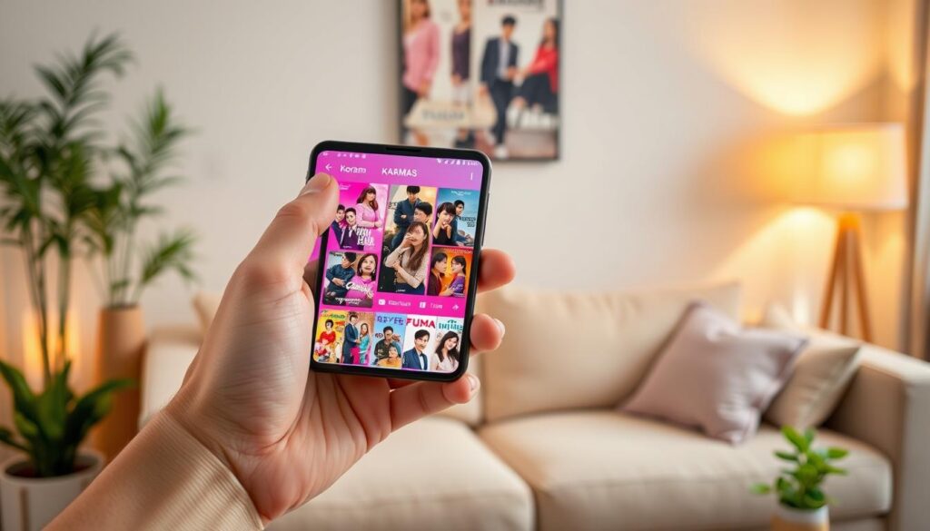 A vibrant smartphone screen showcasing a user-friendly interface of popular Korean drama streaming apps. In the foreground, a hand is holding the phone, displaying a colorful app icon grid with images of beloved Korean dramas. The background features a cozy living room setting with a soft couch, potted plants, and a warm ambient light from a nearby lamp, creating a welcoming atmosphere for streaming. The scene is well-lit with a slight golden hour glow, evoking a sense of relaxation and enjoyment. The angle captures both the phone and the inviting space, emphasizing the convenience of watching Korean dramas on mobile devices. The overall mood is cheerful and inviting, perfect for users seeking entertainment. A vibrant smartphone screen showcasing a user-friendly interface of popular Korean drama streaming apps. In the foreground, a hand is holding the phone, displaying a colorful app icon grid with images of beloved Korean dramas. The background features a cozy living room setting with a soft couch, potted plants, and a warm ambient light from a nearby lamp, creating a welcoming atmosphere for streaming. The scene is well-lit with a slight golden hour glow, evoking a sense of relaxation and enjoyment. The angle captures both the phone and the inviting space, emphasizing the convenience of watching Korean dramas on mobile devices. The overall mood is cheerful and inviting, perfect for users seeking entertainment.