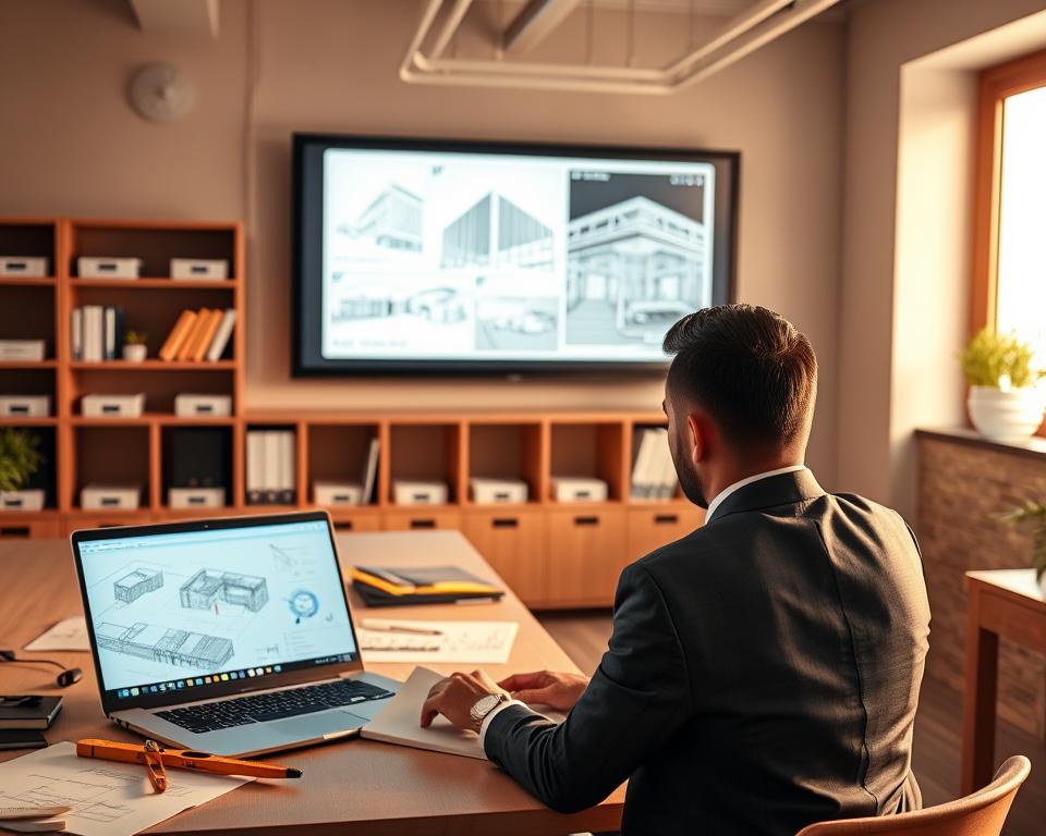 A virtual classroom scene depicting a "Técnico em Edificações" online course. In the foreground, a focused student, dressed in professional business attire, is engaged with a laptop, taking notes. The middle ground features a large screen displaying architectural blueprints and construction plans, with various tools like a ruler and compass placed nearby. The background contains a well-organized workspace with shelves holding books on architecture and engineering. Soft, warm lighting illuminates the scene, creating an inviting atmosphere, while natural light streams through a window, hinting at a sunny day. The image captures a blend of technology and education, conveying a sense of ambition and professionalism in the field of construction and architecture.