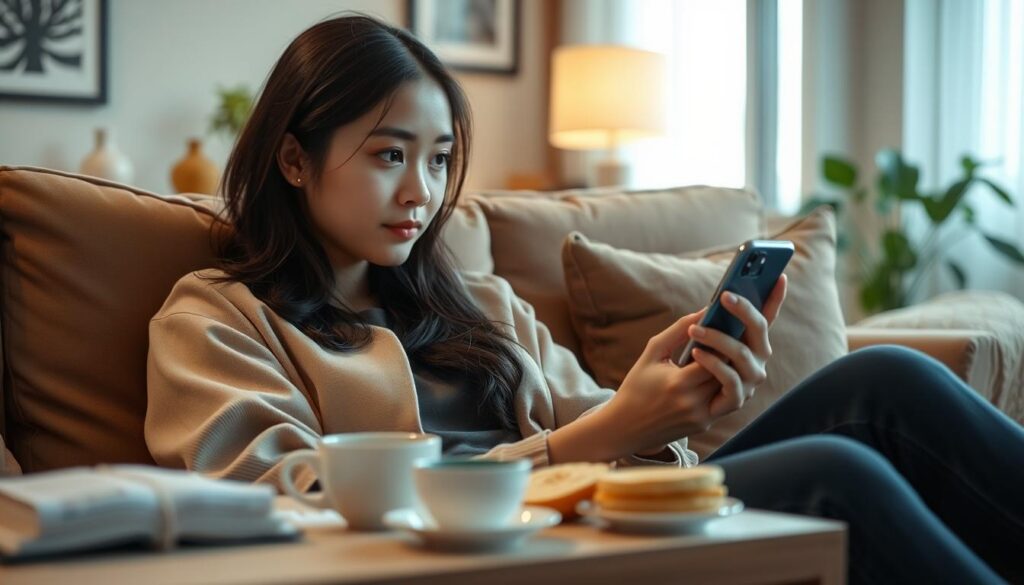 A young adult woman comfortably seated on a cozy sofa, engrossed in watching a Korean drama on her smartphone. She is dressed in casual, stylish attire, with soft natural lighting illuminating her thoughtful expression. The foreground features her focused gaze on the phone screen, showcasing bright and vibrant colors typical of a Korean drama scene. In the middle ground, a neatly arranged coffee table holds a cup of tea and a few snacks, hinting at a leisurely viewing experience. The background includes a softly lit living room with tasteful decor, such as houseplants and framed pictures. The atmosphere is warm and inviting, encapsulating the joy and immersion of watching Korean dramas on a mobile device. A young adult woman comfortably seated on a cozy sofa, engrossed in watching a Korean drama on her smartphone. She is dressed in casual, stylish attire, with soft natural lighting illuminating her thoughtful expression. The foreground features her focused gaze on the phone screen, showcasing bright and vibrant colors typical of a Korean drama scene. In the middle ground, a neatly arranged coffee table holds a cup of tea and a few snacks, hinting at a leisurely viewing experience. The background includes a softly lit living room with tasteful decor, such as houseplants and framed pictures. The atmosphere is warm and inviting, encapsulating the joy and immersion of watching Korean dramas on a mobile device.