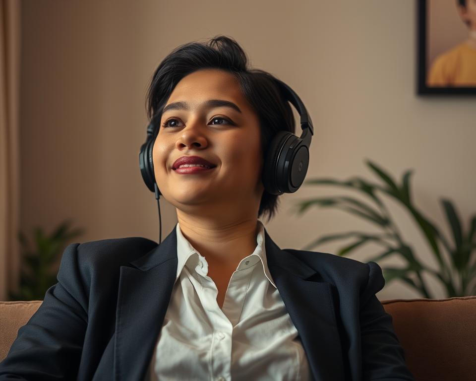 Imagem de uma pessoa ouvindo música no YouTube Music com uma expressão nostálgica