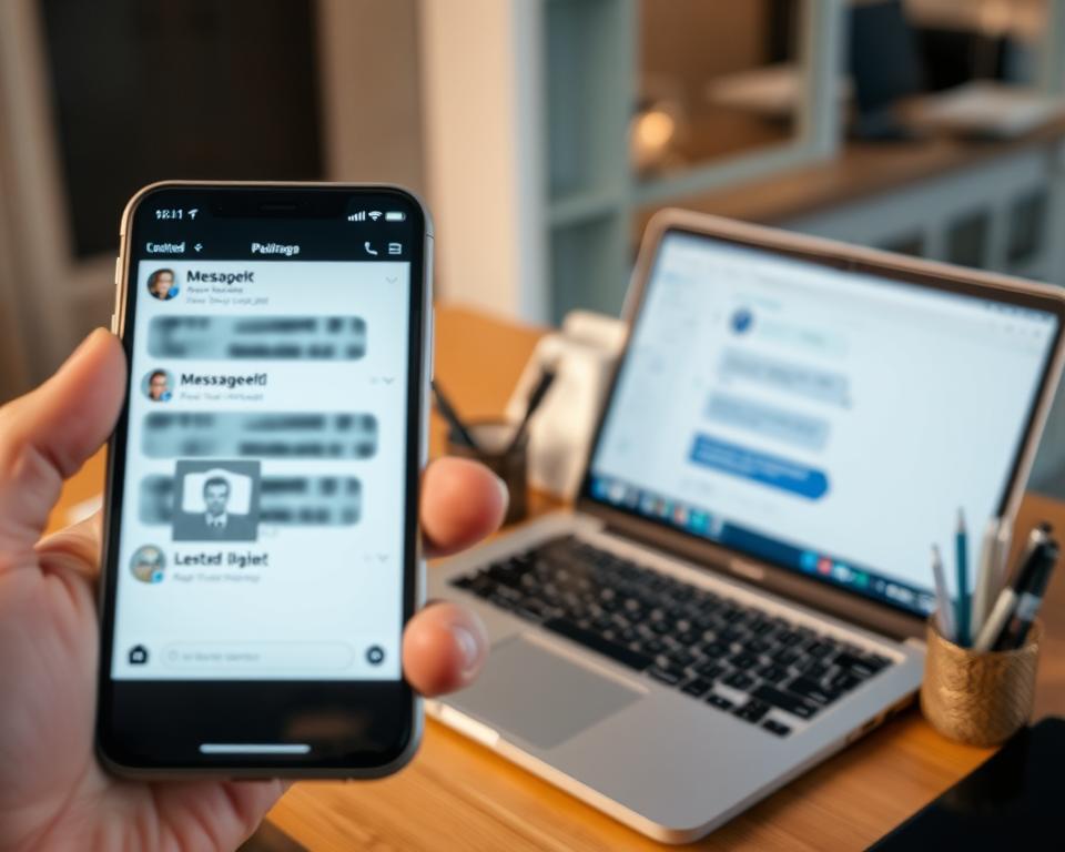 A close-up depiction of a mobile messaging app interface in a professional setting, showcasing a conversation with a deleted message icon highlighted. The foreground features a smartphone held in a hand, displaying blurred chat bubbles, emphasizing a missing message with visual effects like a fading or ghostly appearance. In the middle ground, a laptop with a similar messaging interface is open on a tidy desk, surrounded by office supplies, conveying a sense of organization. The background hints at a softly lit office environment with warm tones and shallow depth of field, creating a focused atmosphere. The lighting is soft yet clear, emphasizing detail without harsh shadows, suggesting a calm and reflective mood about message recovery and digital communication.